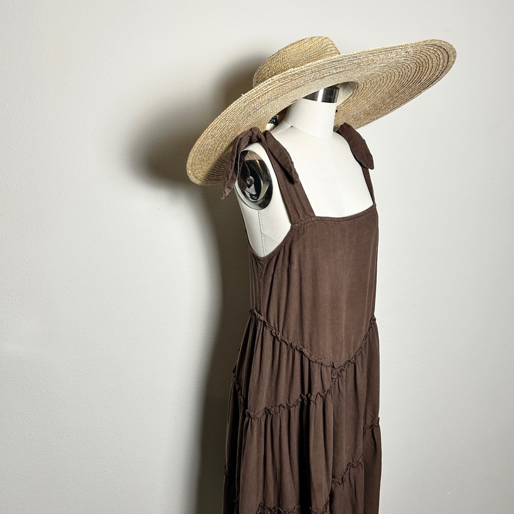 VTG Brown 100% Linen Tie Strap Apron Prairie Dress Cottagecore Boho Midi Dress M